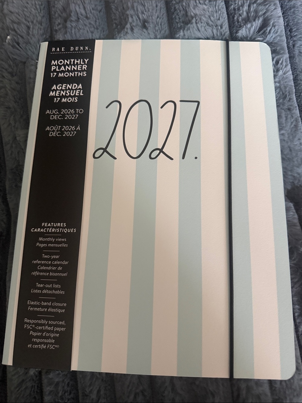 Rae Dunn Striped Planner in Light Blue and White